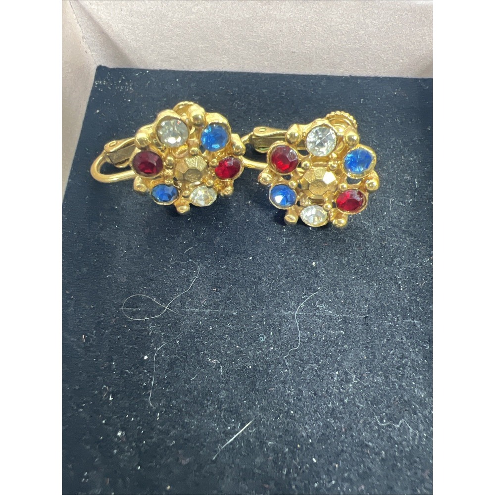 VINTAGE GOLD TONE MULTI COLOR FACETED‎ CLIP with Screw  ON EARRINGS